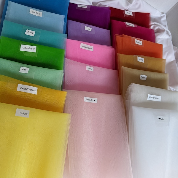 Tulle illusion 108" wide in many colors. Free swatches and Rush shipping available. sewing supply. party supply, wedding decoration.
