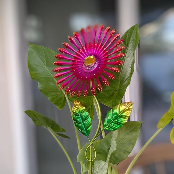 Metal Garden Stake 16x5" Fuchsia Flower with Rhinestones on Petals & Leaf Tips, Outdoor Yard Art, Decorative Plant Stake, Garden Decoration.