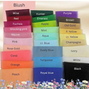 May include: A colour chart displaying various fabric swatches labelled with names including Blush, Wine, Red, Fuchsia, Shocking pink, Mauve, Pink, Rose Gold, Coral, Orange, Peach, Hunter, Emerald, Apple, Mint, Aqua, Lt. Blue, Dusty Blue, Turquoise, Royal blue, Purple, Brown, Old Gold, P. Yellow, Lt. Yellow, Champagne, Ivory, White, and Black.
