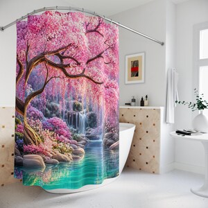 Betoverend roze kersenbloesem douchegordijn | Bloemenwatervalbaddecoratie
