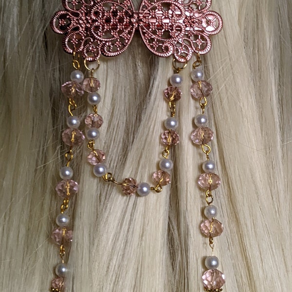 Retro Vintage Rose Gold French Barrette embellished with a chain of pink beads and pearls.