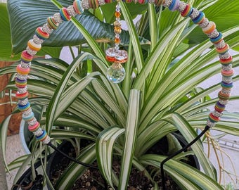 Beaded rainbow garden stake, plant pot stake, Valentine's day gift. beaded trellis. fairy garden wand beads, yard art. home decoration.
