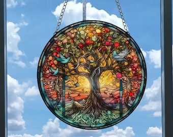Tree of Life Suncatchers Indoor/Outdoor Decorative Window Hanging panel with metal chain. Decoration for Home Garden. Mother&#39;s day gift,