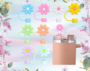 Tapas de pajita con flores multicolores y adornos de letras para vasos / Tapón de pajita de silicona / Accesorios personalizados para vasos / Juego de 2 piezas