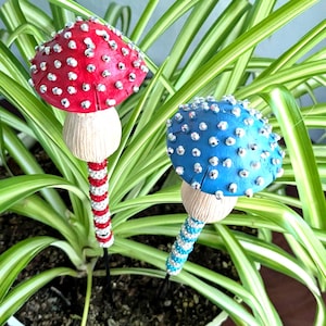 Mushroom Garden Stakes 12&quot; x 6&quot; Red or Blue with Rhinestones | Beaded Mushroom Decor for Plants | Sparkly Plant Pot Stakes