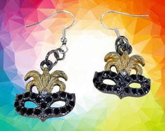 Masquerade Mask Earrings Hypoallergenic Hooks | 2cm Charm Black Rhinestone Costume Jewelry | Mardi Gras Party Earrings