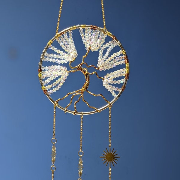 Tree of Life suncatcher 4" diameter and 17" total length  with silver gold and copper wire and AB crystal beads.