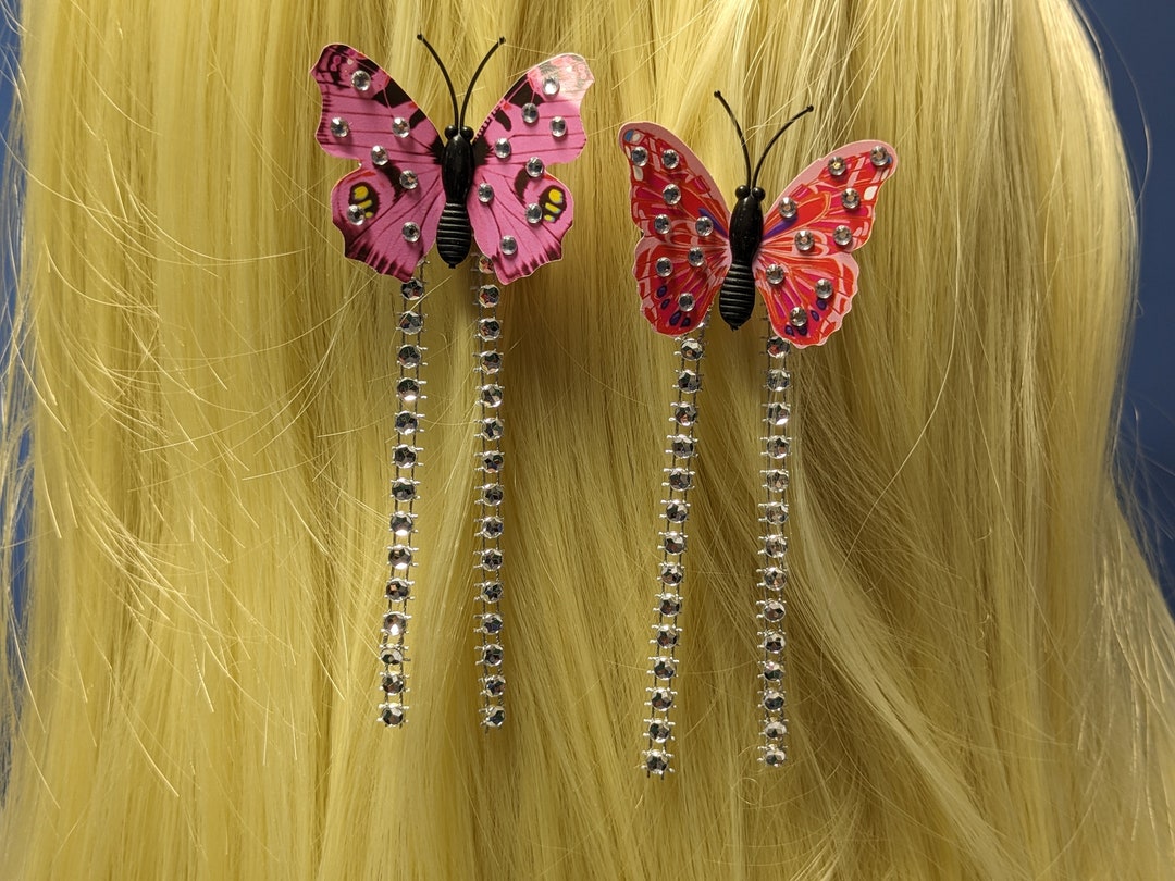 Set of 2 Little Pink Butterflies Hair Clips Adorned With Fake Etsy
