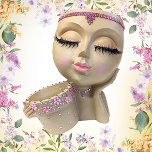 Vicky Pink, Glam Girl Planter, Hand Decorated Face Plant Pot with Lashes, Rhinestones & Pink Makeup, Drainage Hole Succulent Pot