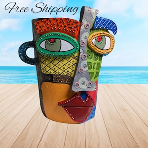 Picasso-Inspired Abstract Face Planter, embellished or original - Free shipping. Unique Resin Flower Pot for Indoor/ Whimsical Garden.
