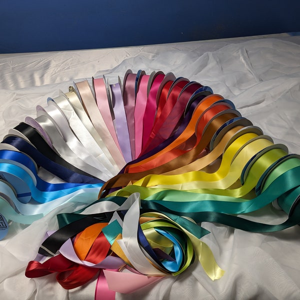 Satin ribbons double sided 1.5" (38 mm) wide 30 colors by the yard, The yards ordered will be shipped in one uncut piece (if possible)