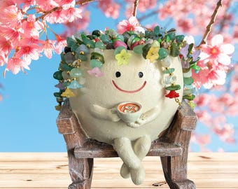Happy Face in Rocking chair with coffee, with natural stones braids or original, Cute planter pot, Original pot, Gift idea, Home decoration.