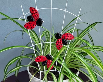 Estacas de jardín enrejadas con tres mariquitas con cuentas, decoración de jardín, atrapasol, decoración del hogar, decoración de plantas para interior y exterior.