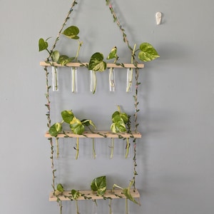 Embellished Hanging Plant Propagation Station with Flowers & Butterflies | Boho Wall Decor | 3 Tier/ 15 Gass bulbs, Wooden Tube Planter Gift