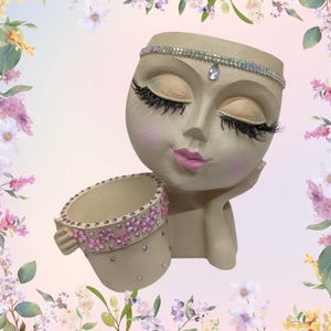 Beige, Tan or Brown Girl face "Vicky" double planter pot embellished Choose the make up colors.