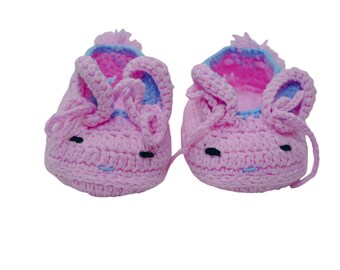 Pink Bunny Baby Girl Handmade Crocheted Booties, Soft Newborn Baby Beginner Toddler Shoes