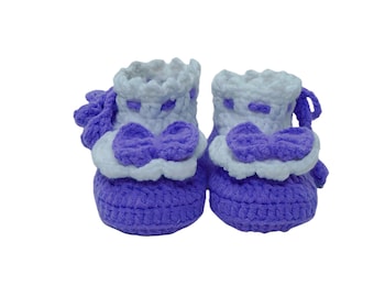 Purple Bow Baby Girl Infant Mary Jane Booties,， Infant Hand Crochet Bootie
