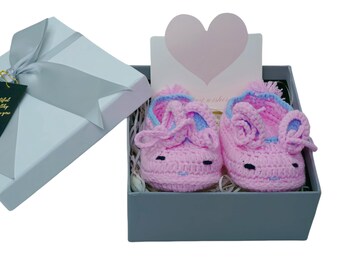 Pink Bunny Handmade Crochet Baby Booties | Crochet Baby Shoes with Blank Card for Your Wishes| Christmas Baby  Gift