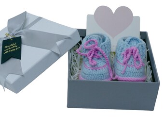 Christmas Baby Gift Box  | Blue Unisex baby booties | Crochet Baby Booties with Blank Card for Personalized Holiday Wishes