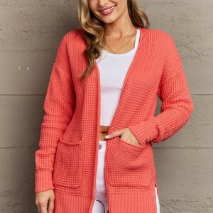 Women's Cardigans Drop Shoulder Pointelle Knit Duster Cardigan (Color :  Orange, Size : Large)