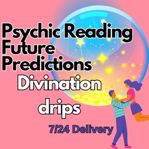 Puede incluir: Una ilustración colorida de una bola de cristal con estrellas y una pareja abrazándose. El texto dice "Psychic Reading Future Predictions Divination drips 7/24 Delivery".