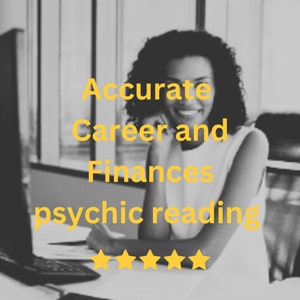 May include: A black and white image of a smiling person with curly hair, sitting at a desk. The text "Accurate Career and Finances psychic reading" is displayed in yellow. Five yellow stars are at the bottom of the image.