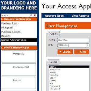 May include: A screenshot of a user management interface with a search bar, a list of users, and a role configuration section. The user can search for users by name or role, and can assign roles to users.