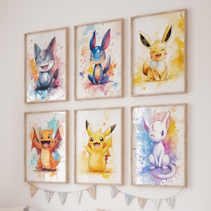 Conjunto de Pokémon de impresión de acuarela, pintura de carteles imprimibles de Pokémon, impresiones de Pokémon, imágenes de Pokémon, decoración de pared, regalo de cumpleaños