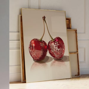 Disco Cherries Art Print, Cherries Wall Art Poster, Disco Ball Red Cherries, Vintage,  Preppy, Trendy, Dorm Room Decor, Dico Wall Art Print