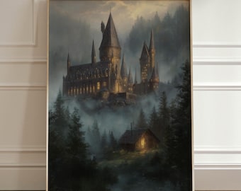 Magic Castle Art Print poster, Wizard School Painting Print Illustration Wall Decor, Dark Academia Witchy Gift, Fantasy Fan Art