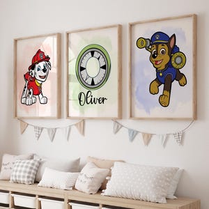 Personalized Dogs Themed Wall Art Prints, Set of 3 Nursery Boys Room Decor, Paw Posters Print, Custom Name Toddler Boy Girls Decor