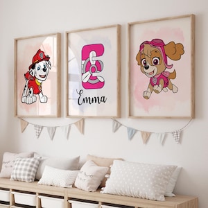 Personalized Dogs Themed Wall Art Prints, Set of 3 Nursery Boys Room Decor, Paw Posters Print, Custom Name Toddler Boy Girls Decor