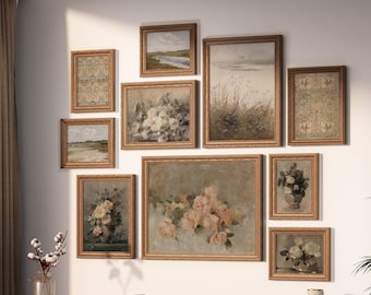 Vintage Neutral Gallery Wall SET, Vintage European Wall Prints, Muted Gallery Wall Set, Rustic Living Room Decor, Antique Oil Paintings