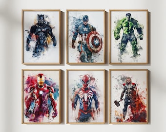 6 impresiones de arte de pared de superhéroes en acuarela, impresión de descarga digital, decoración de habitación de niños superhéroes, póster de ilustración de acuarela de superhéroes