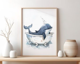 Whale taking bath poster, Watercolor painting print, Funny Bathroom print, Sea life nautical ocean wall poster, Funny Animal Art print