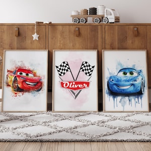 Personalized Cars Wall Art Boys Room Decor, Lightning McQueen Cars Movie Poster, Custom Name Cars Decor, Nursery Prints, Cars Movie Art