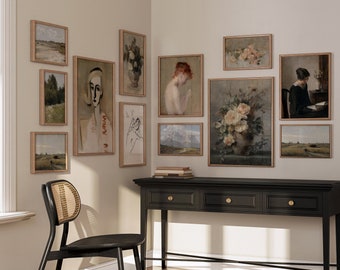 Vintage Neutral Gallery Wall SET, Impresiones de pared europeas vintage, Conjunto de pared de galería silenciada, Decoración rústica de sala de estar, Pinturas al óleo antiguas