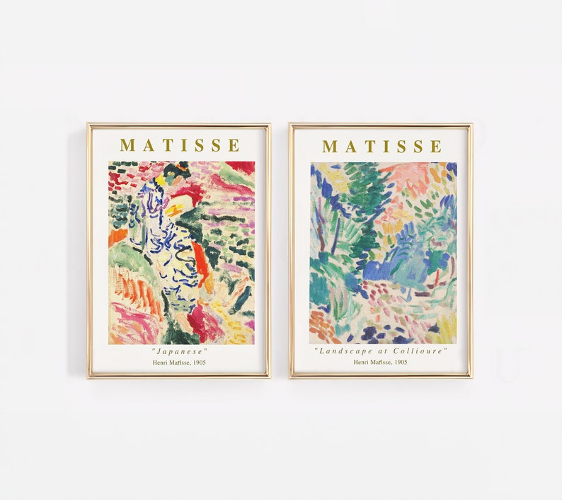 Puede incluir: Dos impresiones de arte enmarcadas de pinturas de Henri Matisse. La impresi&oacute;n de la izquierda se titula "Japonesa" y representa un paisaje abstracto colorido. La impresi&oacute;n de la derecha se titula "Paisaje en Collioure" y presenta un estilo abstracto similar con colores vibrantes.