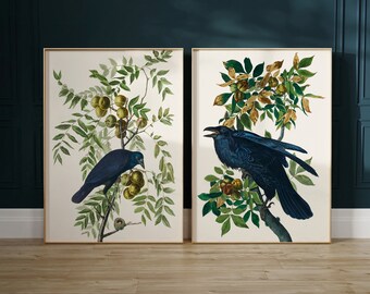 SET of 2 Dark Raven Print, Dark Print, Botanical Crow Poster, Gothic Home Decor, Raven print, Vintage Crow Poster, Bird wall art decor