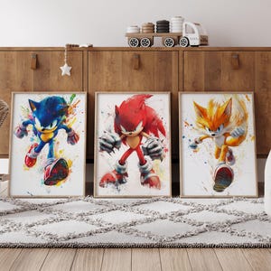 ソニック ヘッジホッグ プリント、ソニック映画の水彩画ポスターセット、ゲームポスター、影、しっぽ、ナックルズ、ウォールアート、子供部屋の壁アート装飾