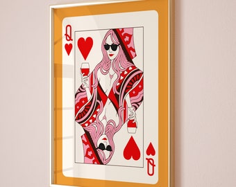 Playing Card Poster, Trendy Retro print, Queen of hearts playing card funky wall art, Bedroom wall decor, Aesthetic maximalist wall art,