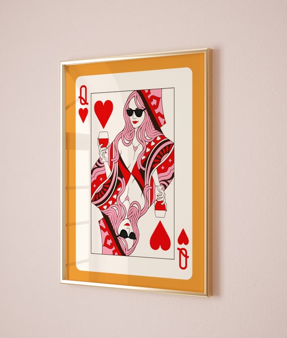 Playing Card Poster, Trendy Retro Print, Queen of Hearts Playing