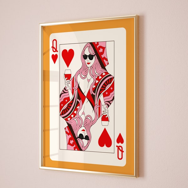Playing Card Poster, Trendy Retro print, Queen of hearts playing card funky wall art, Bedroom wall decor, Aesthetic maximalist wall art,