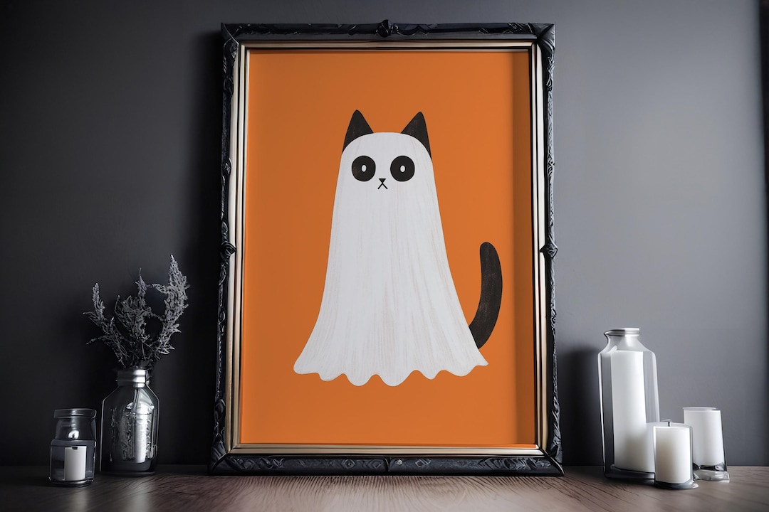 Black Cat Ghost Print, Vintage Art Poster, Halloween Wall Print ...