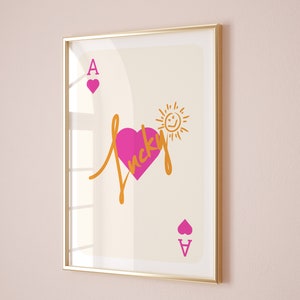Stampa asso di cuori, poster di carte da gioco, arte retrò alla moda, stampa retrò alla moda, carta da gioco fortunata, arte della parete funky, decorazione della parete della camera da letto