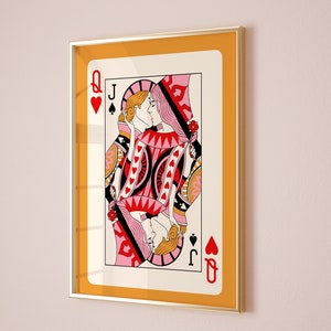 Poster di carte da gioco, stampa retrò alla moda, arte da parete funky di carte da gioco della Regina di cuori, decorazione da parete per camera da letto, arte da parete estetica massimalista,