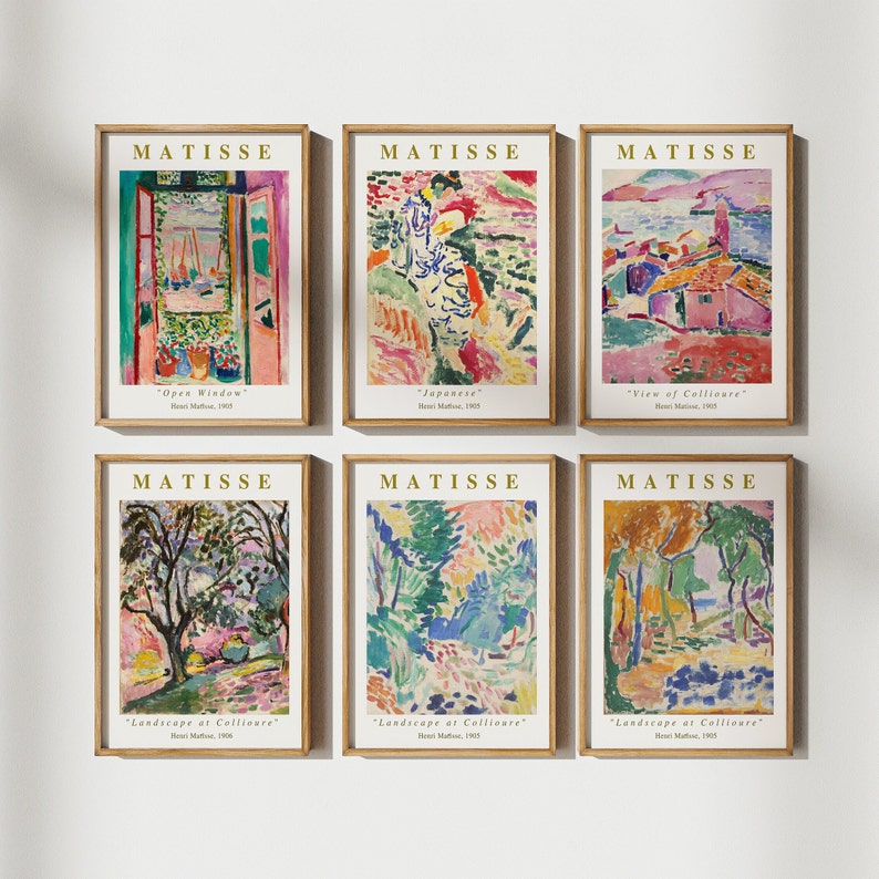 Puede incluir: Seis impresiones de arte enmarcadas que presentan coloridas pinturas de paisajes y bodegones de Henri Matisse. Las impresiones se titulan "Ventana abierta", "Japonesa", "Vista de Collioure", "Paisaje de Collioure", "Paisaje de Collioure" y "Paisaje de Collioure".