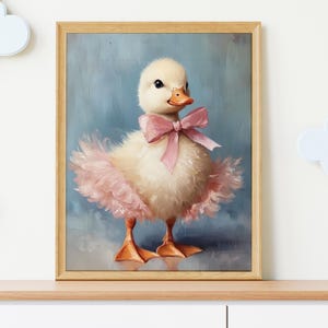 ピンクのリボンが付いたかわいいアヒルの壁アート、ガーリーな部屋の装飾、柔らかいパステル調の絵画、ヴィンテージの美しいプリント、カラフルでかわいい子供部屋の装飾
