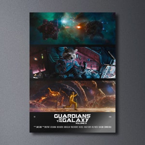 May include: Movie poster for Guardians of the Galaxy Volume 3. The poster features three scenes from the film. The top scene shows a spaceship in space. The middle scene shows Rocket Raccoon in a spaceship cockpit. The bottom scene shows a character in a yellow jumpsuit running through a rocky landscape. The poster also includes the film title and the names of the cast and crew.