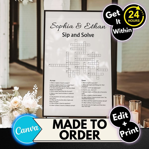 Custom Wedding Crossword Puzzle Template, Personalized Sip and Solve Bridal Shower Crossword, Wedding Puzzle Giant Crossword Large Crossword